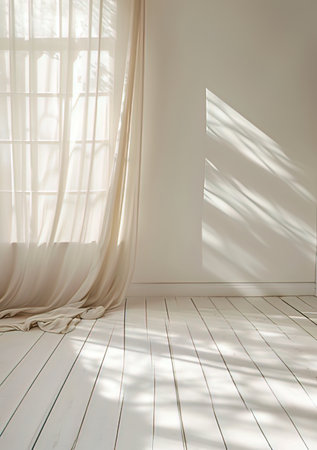 interior of white room with white curtains and wooden floor, nobodyの写真素材