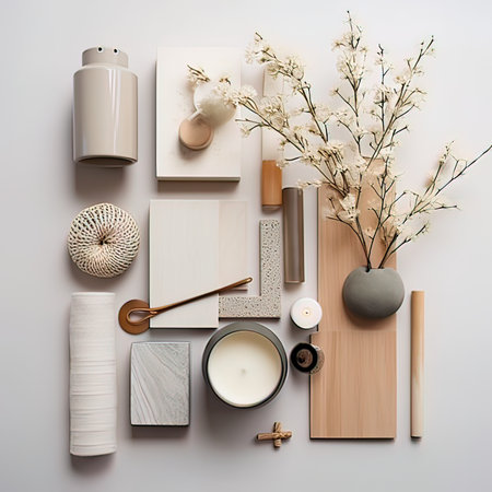 Flat lay composition with home decor on white background. Minimal style.の写真素材