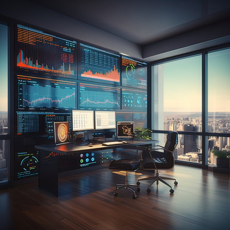 Modern office interior with city view and computer monitors. 3D Renderingの写真素材