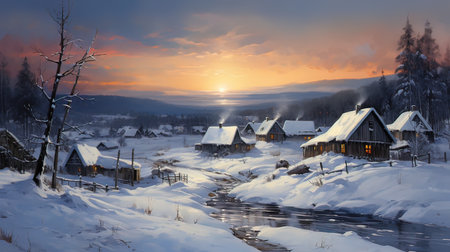 Beautiful winter landscape with a small village in the Carpathiansの写真素材
