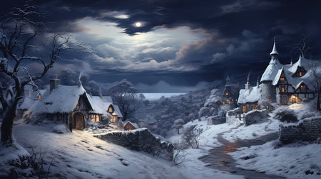 Winter fairy tale scene with old houses and moonlight. 3D renderingの写真素材