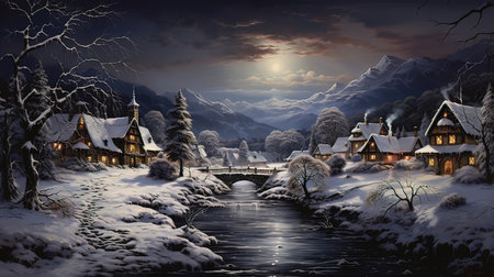 Beautiful winter landscape with small village in the mountains. Digital paintingの写真素材