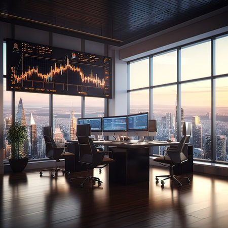 Modern office interior with city view, stock market chart and daylight. 3D Renderingの写真素材