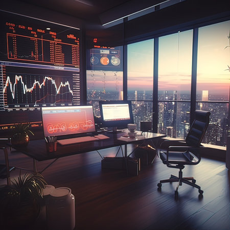 Modern office interior with city view, computer and stock market chart. 3D Renderingの写真素材