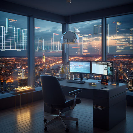 Office interior with night city view, 3D Rendering mock upの写真素材