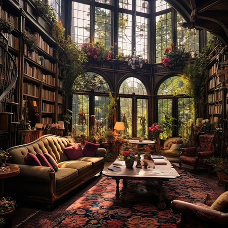 Interior of a beautiful botanical garden with a sofa and a coffee tableの写真素材