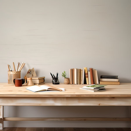 Wooden desk with books and stationery. Mock up, 3D Renderingの写真素材