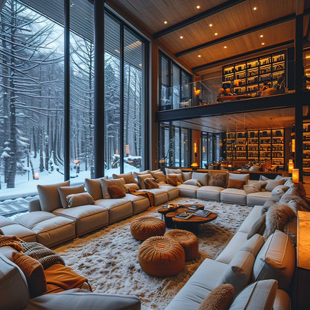 Interior of modern living room with panoramic view on winter forest. 3D renderingの写真素材