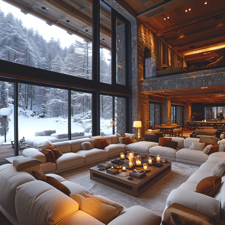 3d rendering of modern living room and dining area with fireplace in winterの写真素材