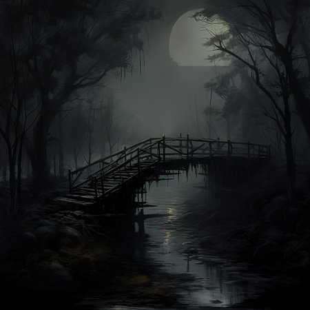 Fantasy landscape with a wooden bridge in the dark foggy forestの写真素材