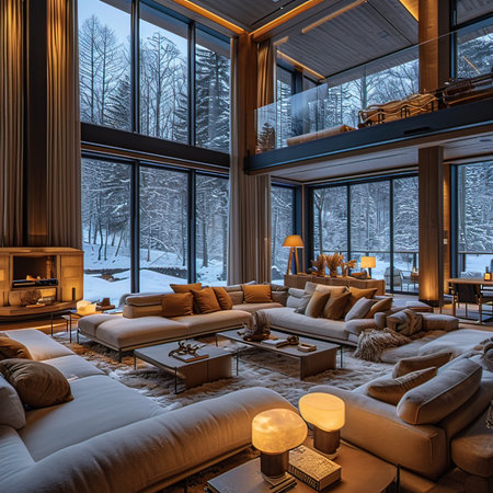 Luxury living room with a view of the winter forest. 3d renderingの写真素材