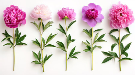 Beautiful peony flowers on white background. Flat lay, top viewの写真素材