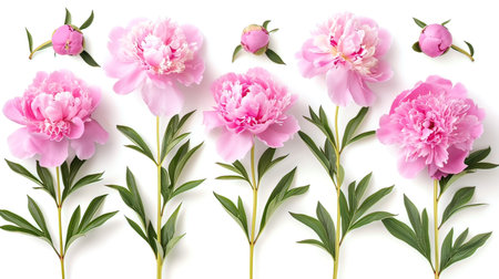 Beautiful peony flowers with leaves on white background, top viewの写真素材