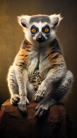 Ring-tailed lemur sitting on a rock. Studio shot.の写真素材