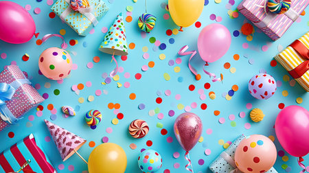 Birthday party background with balloons, gift boxes and confetti. Top view with copy space