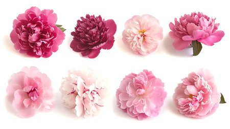 Set of peony flowers isolated on white background. Flat lay, top view.の写真素材