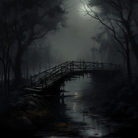 Wooden bridge over a river in a misty forest at nightの写真素材