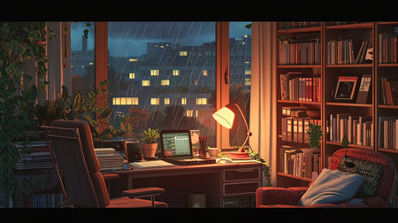 Illustration of a modern office interior. Night city view from windowの写真素材