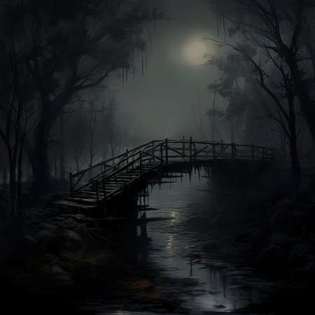 Wooden bridge in the fog at night. 3D illustration.の写真素材