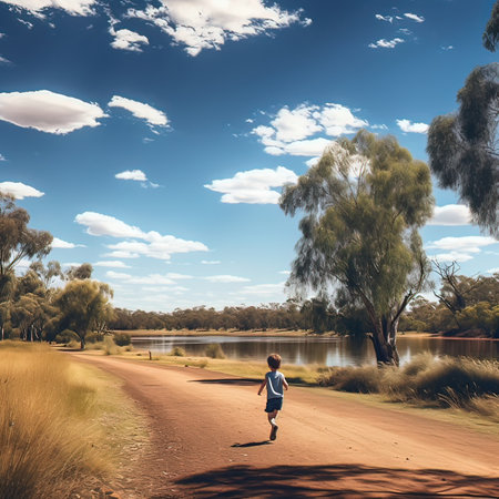 A young woman is running along a country road in the Australian Outback.の写真素材