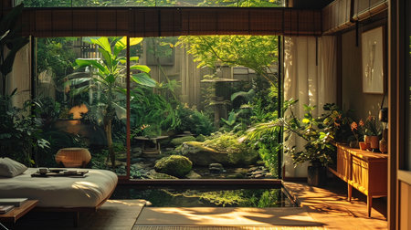 Interior of a modern living room with green plants in the gardenの写真素材