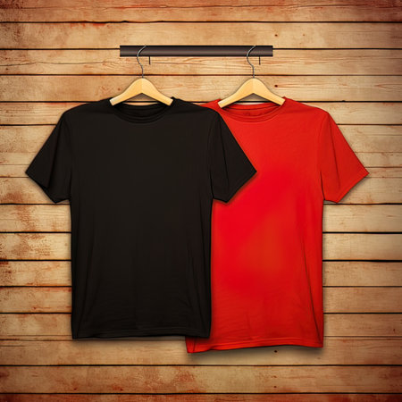 Black and red t-shirts on hangers on wooden wall backgroundの写真素材