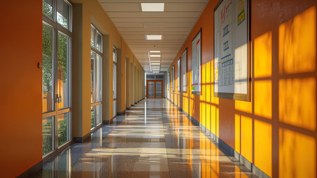 Long corridor in a hospital with orange walls and yellow doors. 3d renderingの写真素材