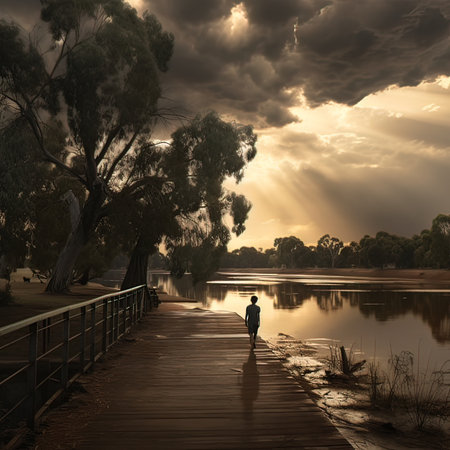 Woman walking on wooden bridge over river at sunset, 3d renderingの写真素材