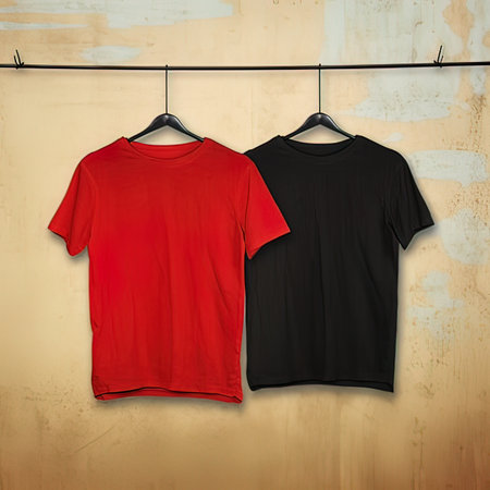 red and black t-shirts hanging on clothesline over grunge backgroundの写真素材