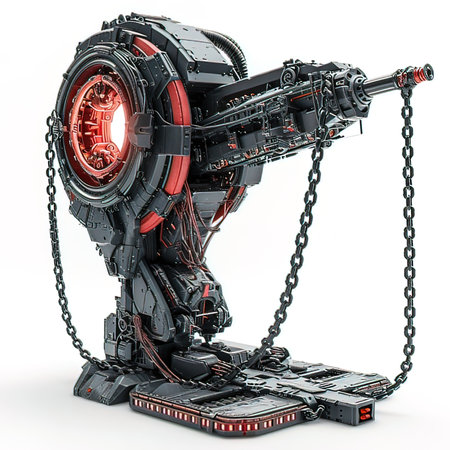 3D rendering of a robot with a chain on a white backgroundの写真素材