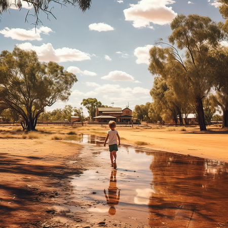 Little boy playing in the puddles at the beach in Australiaの写真素材