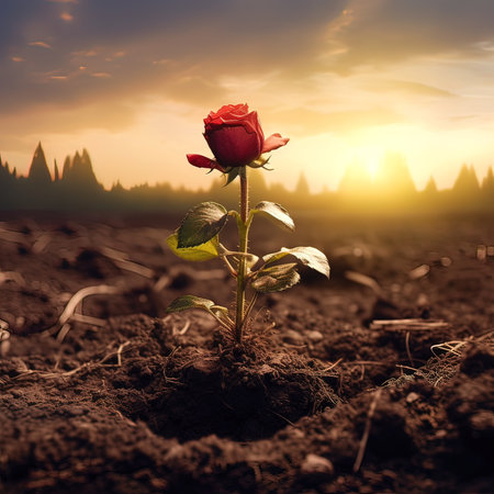 Red rose in the field at sunset. Beautiful nature background with copy space.の写真素材
