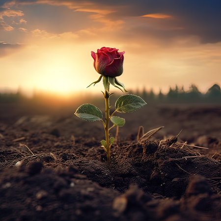 Beautiful red rose flower in the field at sunset. Nature backgroundの写真素材