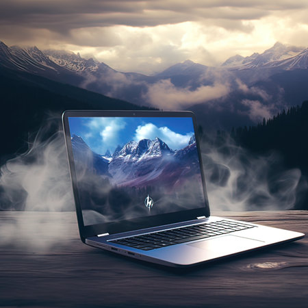 Laptop on a wooden table with mountains and clouds in the backgroundの写真素材