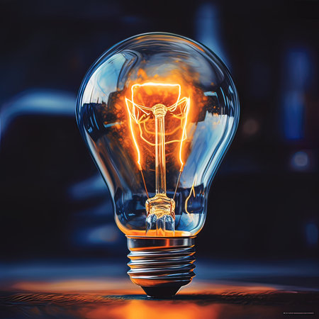 Close-up of a filament lightbulb on a dark backgroundの写真素材