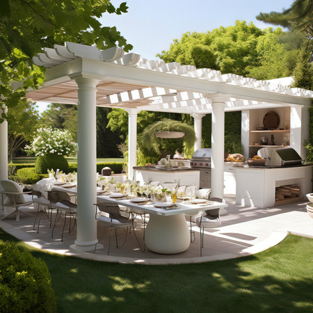 Luxury summer garden with white pergola and dining tableの写真素材