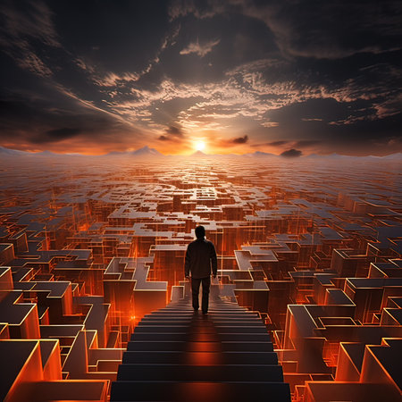 Conceptual business man standing on top of a stair over the city at sunsetの写真素材