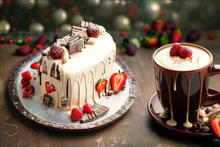 Cup of coffee with cake and berries on a wooden background.の写真素材