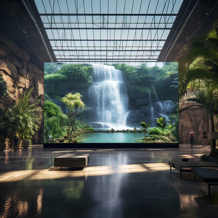 3d rendering of a beautiful waterfall in the interior of a modern buildingの写真素材