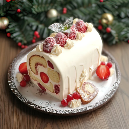 Christmas cake with cream and berries on a plate on a wooden backgroundの写真素材