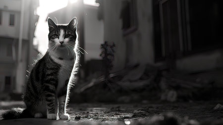 Cat sitting in the street at sunset. Selective focus. Shallow depth of fieldの写真素材