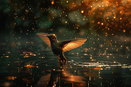 Beautiful hummingbird sitting on water surface with bokeh backgroundの写真素材