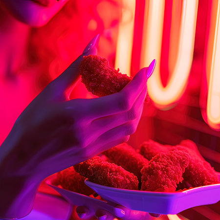 Close-up of woman's hand holding raspberries in neon light.の写真素材