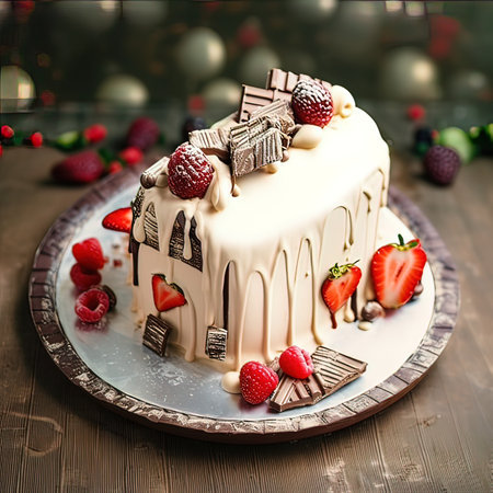 Birthday cake with fresh berries on a wooden background. Selective focus.の写真素材