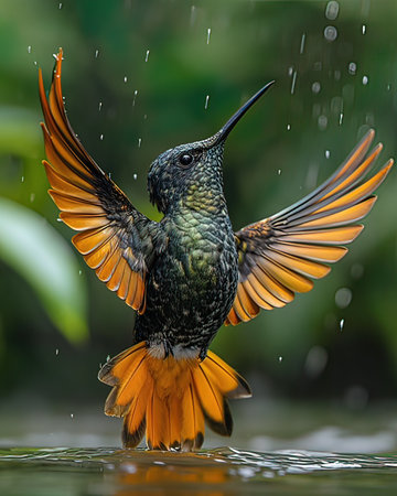 Rufous-throated Hummingbird (Cinnyris fuliginosa) in flight with rain drops in the backgroundの写真素材