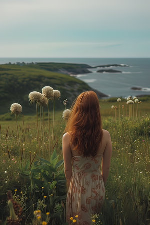 Beautiful young woman with long red hair standing on a green meadow with dandelionsの写真素材