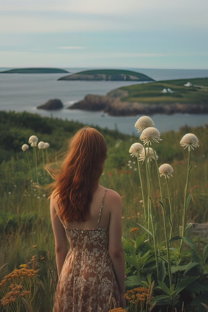 Beautiful young woman with long red hair standing on a hill and looking at the seaの写真素材
