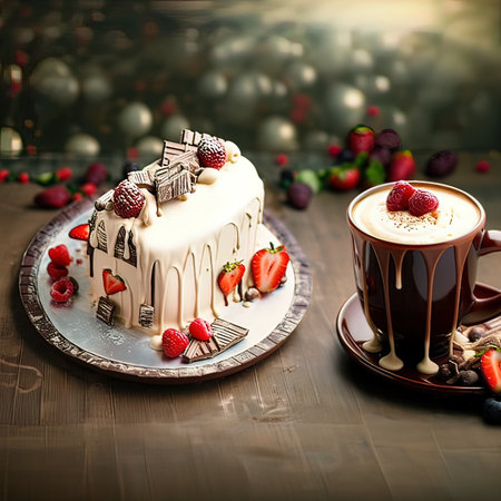 A cup of cappuccino and a cake with berries on a wooden tableの写真素材