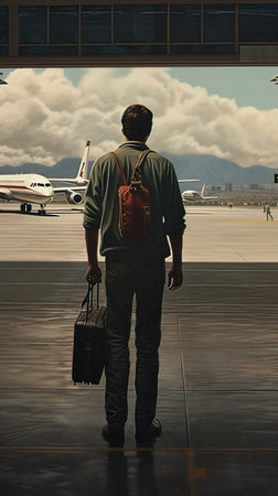 A man is standing at the airport and looking at the plane.の写真素材