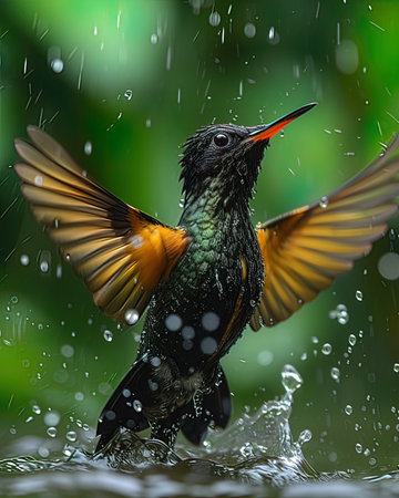 Black-throated Sunbird taking a shower in the rainforestの写真素材